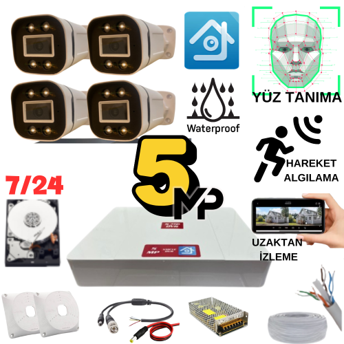 ARNA 5 MP GECE RENKLİ YÜZ TANIMA SESLİ H.265 250 GB HDD DAHİL 4 KAMERALI AHD GÜVENLİK SETİ - ST54250L