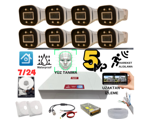 ARNA 5 MP GECE RENKLİ YÜZ TANIMA SESLİ H.265 250 GB HDD DAHİL 8 KAMERALI AHD GÜVENLİK SETİ - ST85250