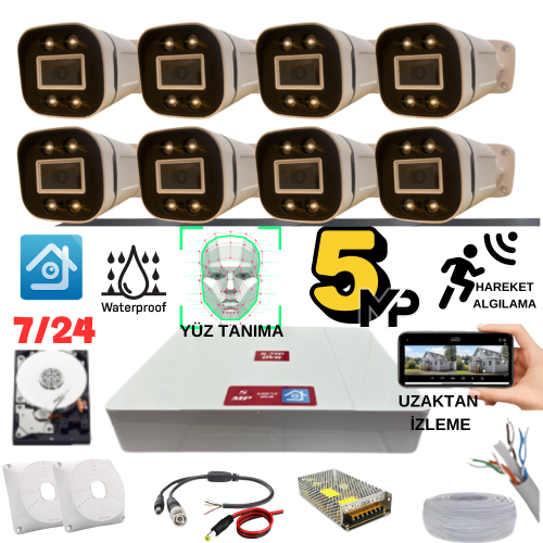 ARNA 5 MP GECE RENKLİ YÜZ TANIMA SESLİ H.265 250 GB HDD DAHİL 8 KAMERALI AHD GÜVENLİK SETİ - ST85250