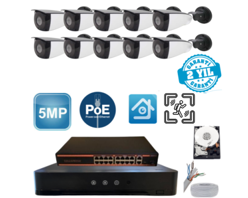 ARNA 5MP 10 KAMERALI DIŞ MEKAN METAL KASA 250 GB HDD DAHİL IP GÜVENLİK SETİ - ST510250