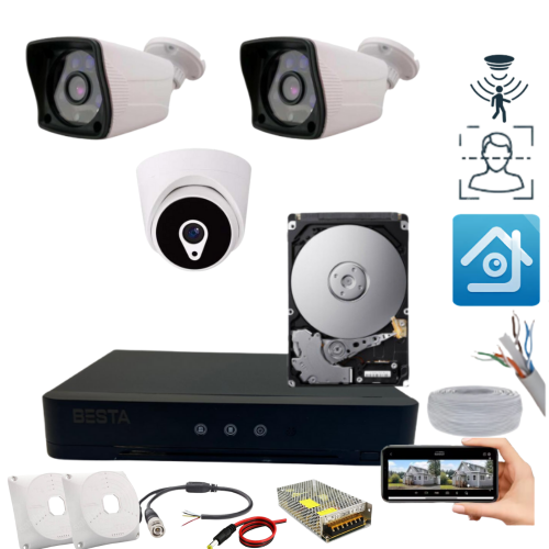 ARNA 2 DIŞ 1 İÇ KAMERALI H.265 HAREKET ALGILAMA ÖZELLİKLİ 250 GD HDD DAHİL 3'LÜ KAMERA SİSTEMİ - ST23250F