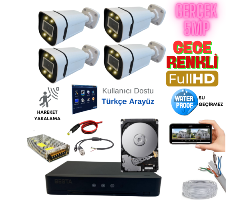 ARNA 4'LÜ GECE RENKLİ GERÇEK 5 MP YÜZ TANIMALI H.265 KAMERA SİSTEMİ 250 GB HDD DAHİL-ST45250W