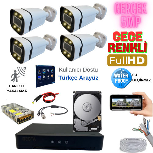 ARNA 4'LÜ GECE RENKLİ GERÇEK 5 MP YÜZ TANIMALI H.265 KAMERA SİSTEMİ 250 GB HDD DAHİL-ST45250W