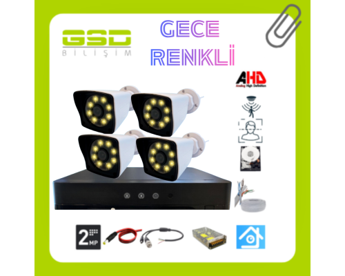 4 IŞIKLI WARM LED KAMERALI 5MP LENS 2MP 1080 P GECE RENKLİ GÖRÜŞLÜ GÜVENLİK KAMERASI SETİ 2 TB HDD DAHİL