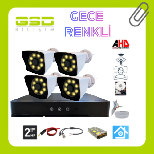4 IŞIKLI WARM LED KAMERALI 5MP LENS 2MP 1080 P GECE RENKLİ GÖRÜŞLÜ GÜVENLİK KAMERASI SETİ 1 TB HDD DAHİL