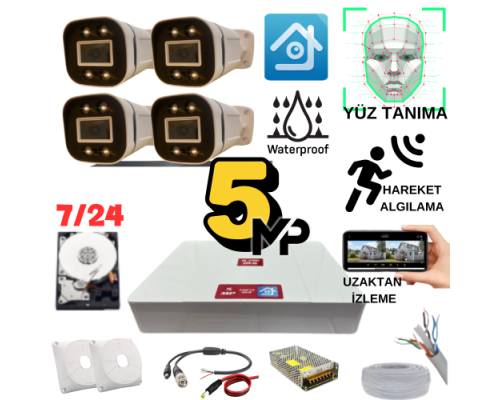 ARNA 5 MP GECE RENKLİ YÜZ TANIMA SESLİ H.265 320 GB HDD DAHİL 4 KAMERALI AHD GÜVENLİK SETİ - ST54320L
